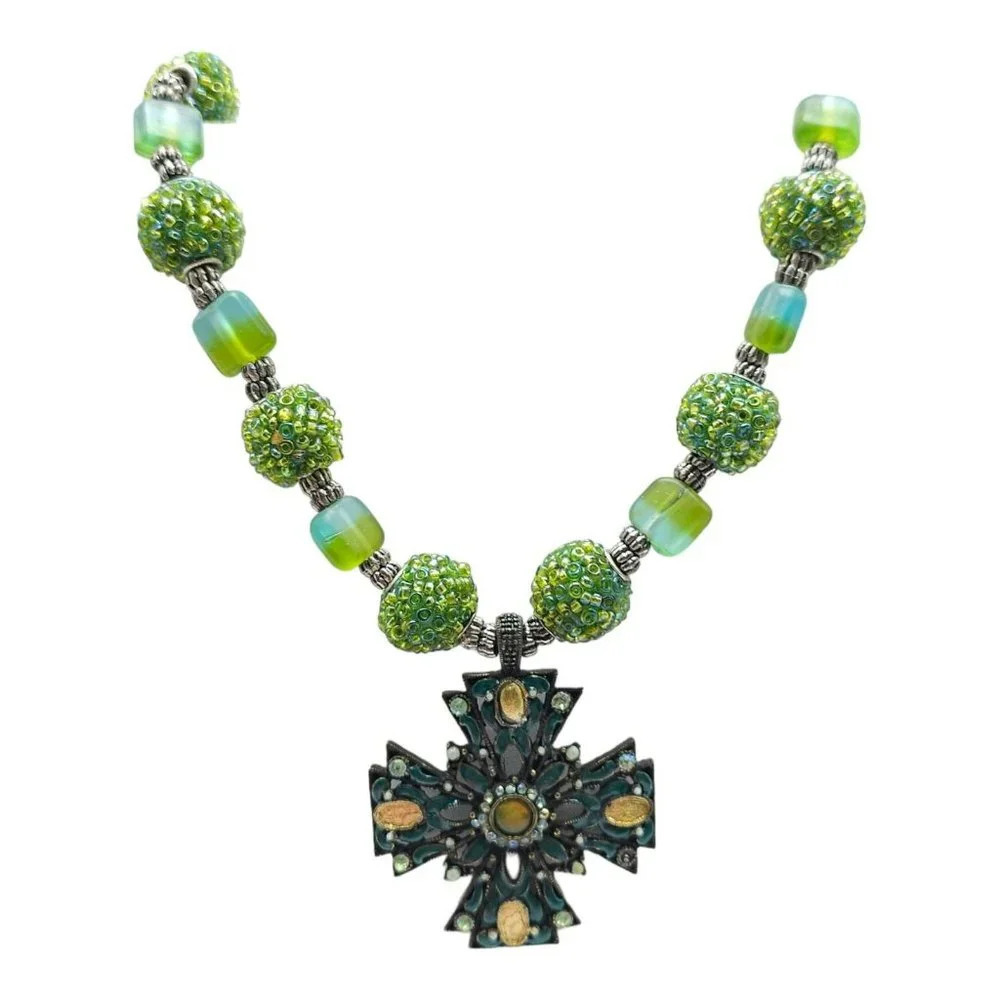 Statement Cross Pendant Ball Beaded Necklace Green Toggle Closure Vintage